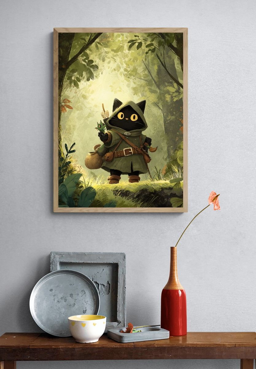 Adventurous Cat in Forest — Illustration Print. — room view 3