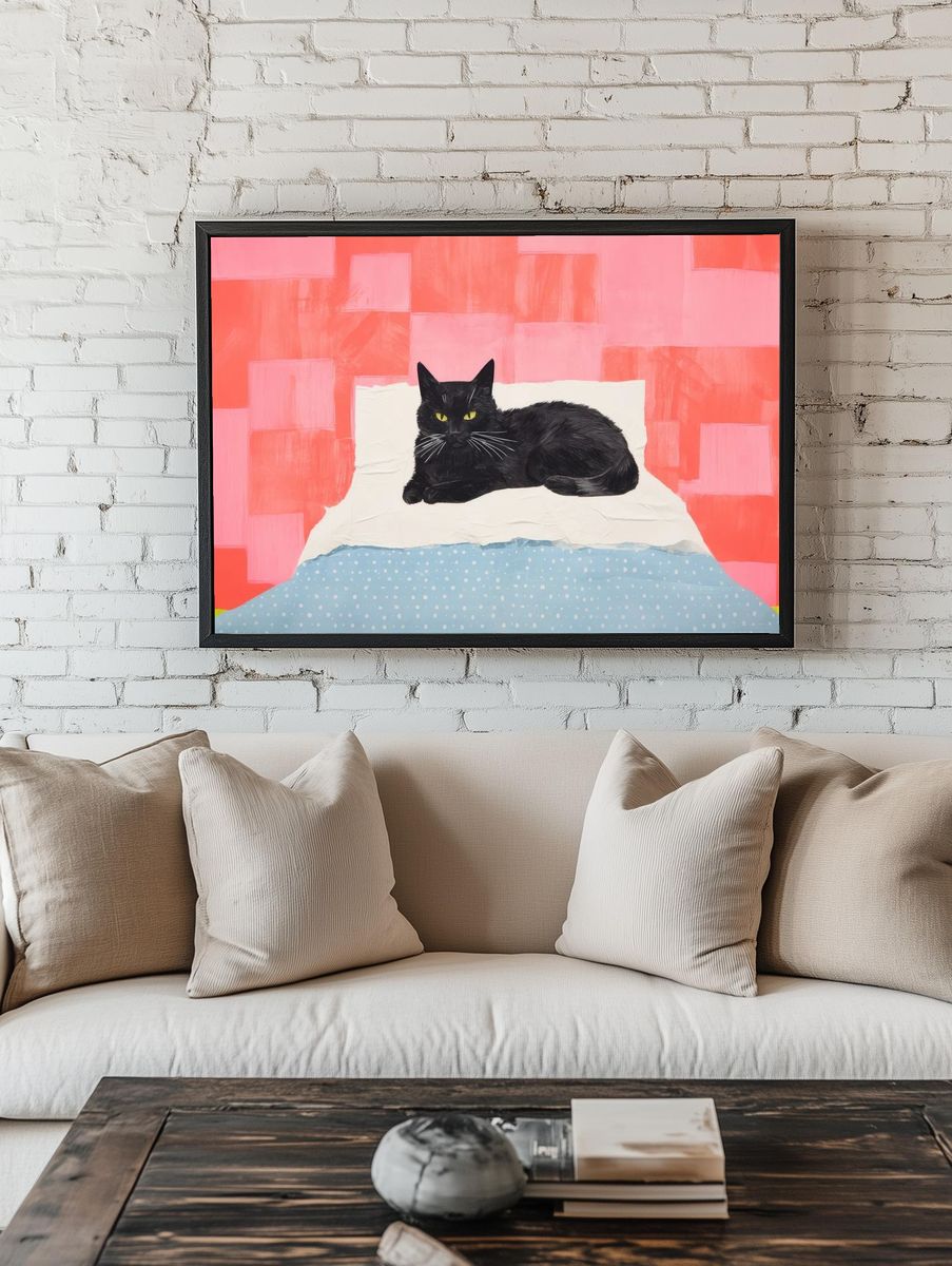 Black Cat on Bed Illustration Poster. — room view 1