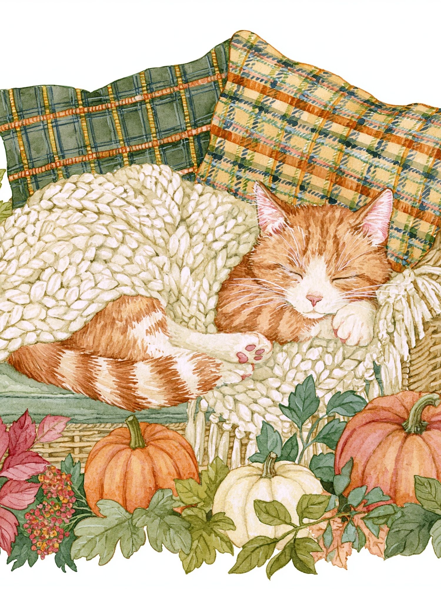Sleeping Cat Autumn Watercolor Poster. poster detail