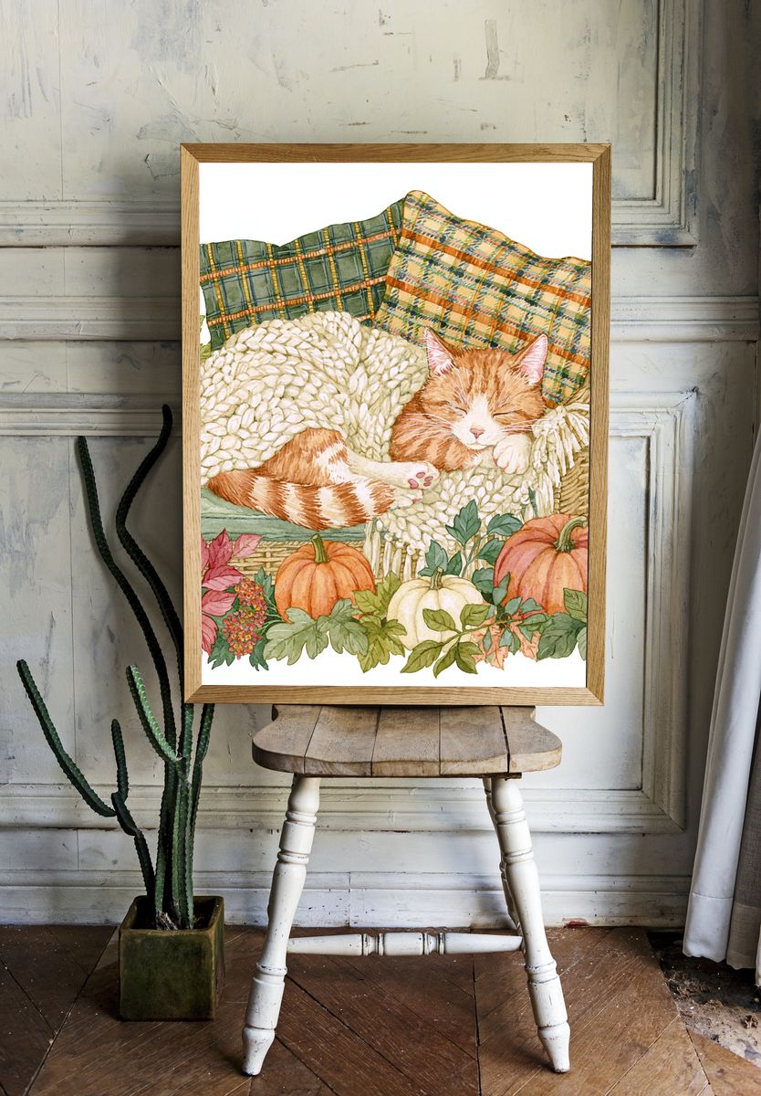 Sleeping Cat Autumn Watercolor Poster. — room view 1