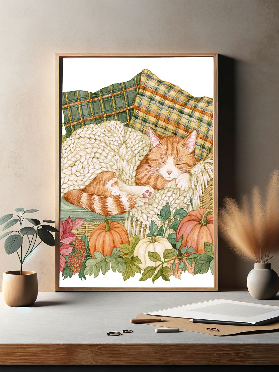 Sleeping Cat Autumn Watercolor Poster. — room view 2