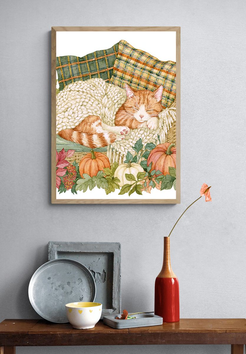 Sleeping Cat Autumn Watercolor Poster. — room view 3