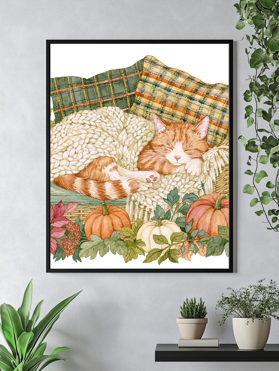 Sleeping Cat Autumn Watercolor Poster. — room view 4