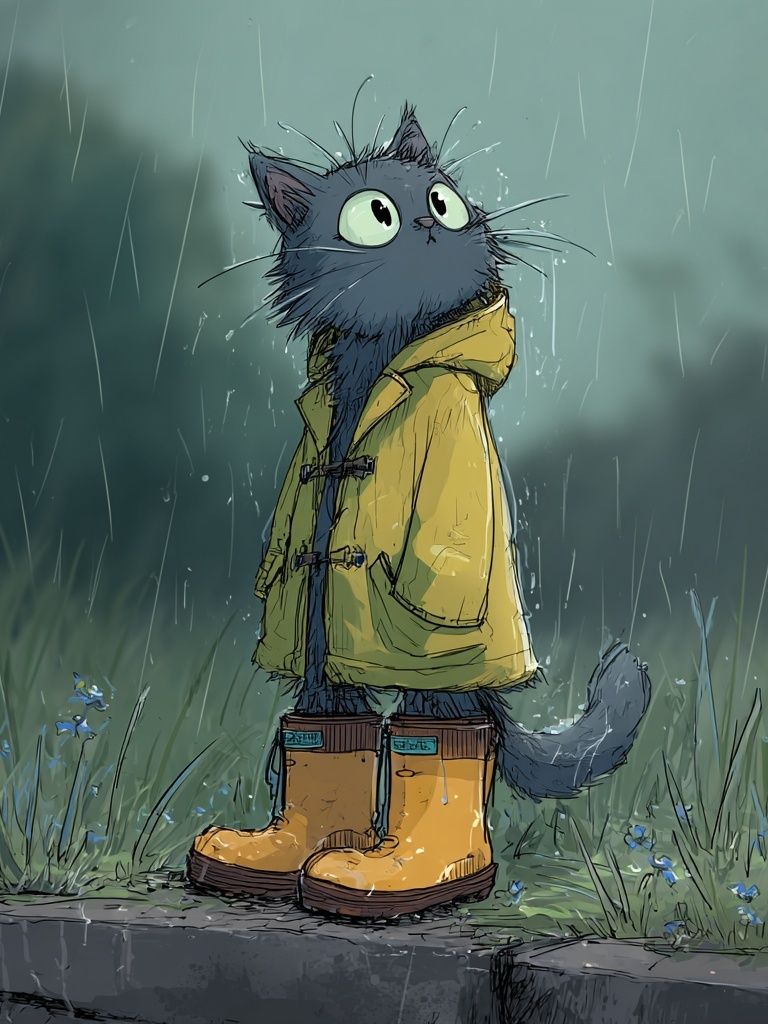Cat in Raincoat — Illustration Print. poster detail