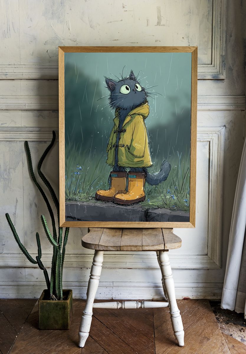 Cat in Raincoat — Illustration Print room preview