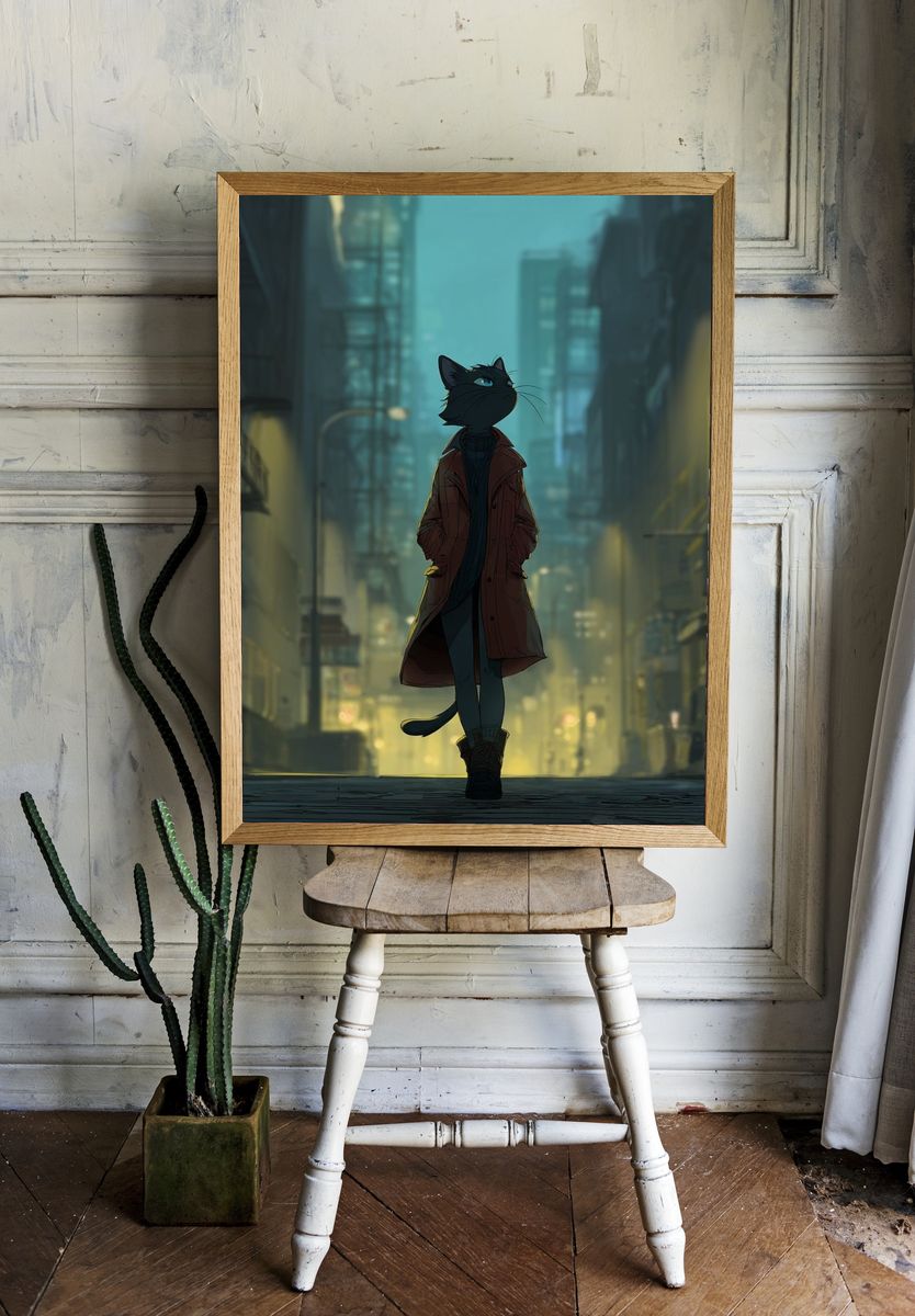 Cat in a Cityscape — Digital Art Print room preview
