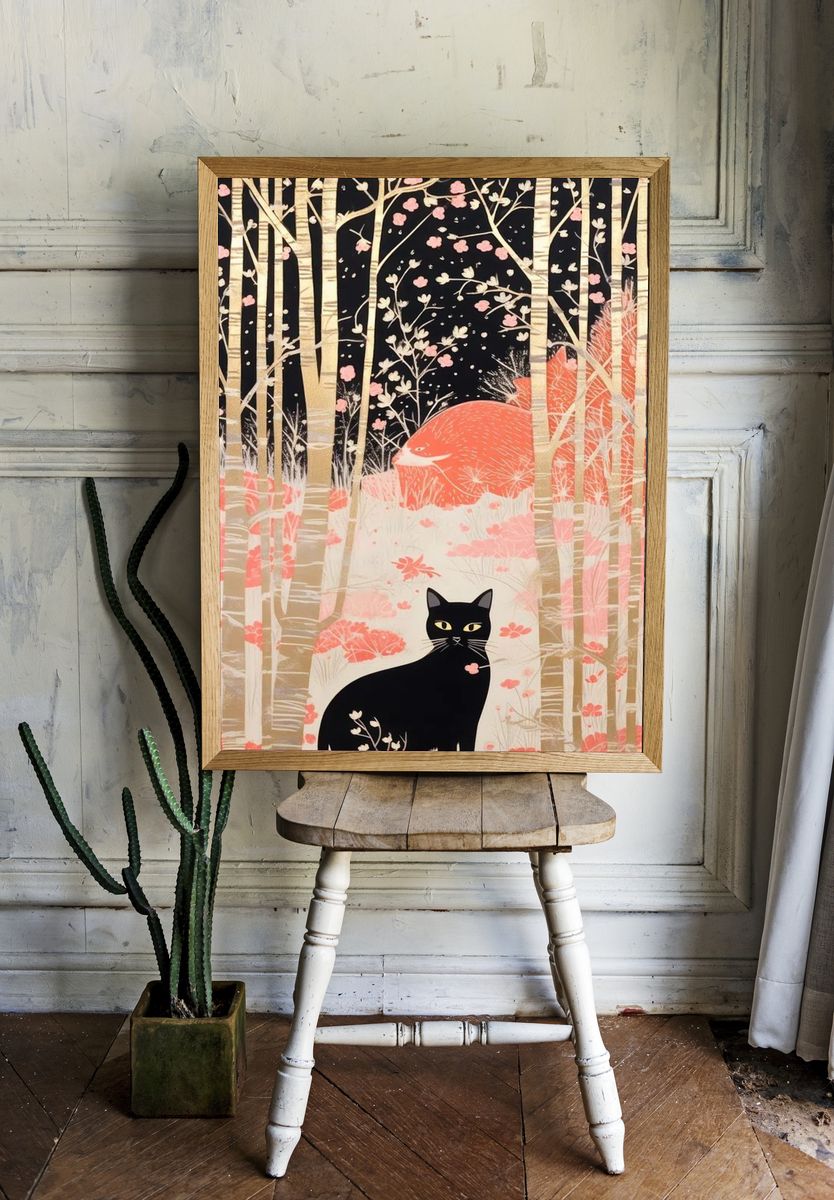 Black Cat Forest Illustration Poster. — room view 1