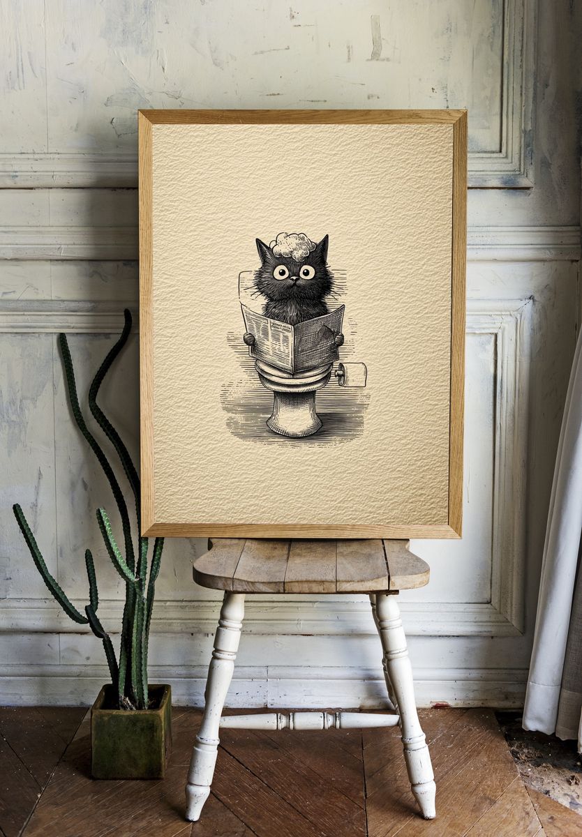 Cat on Toilet Illustration Poster. room preview