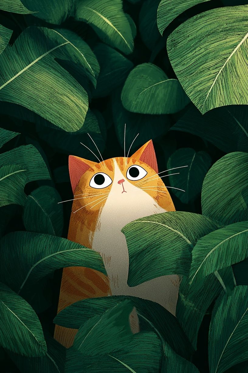 Curious Cat in Leaves — Illustration Print. poster — illustration art