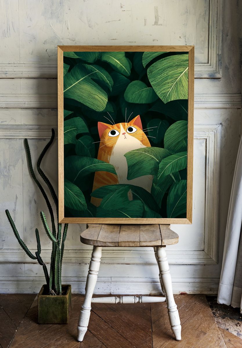 Curious Cat in Leaves — Illustration Print. — room view 1