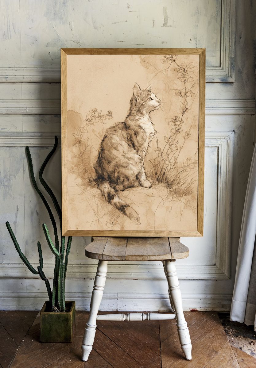 Sepia Cat Sketch Poster room preview