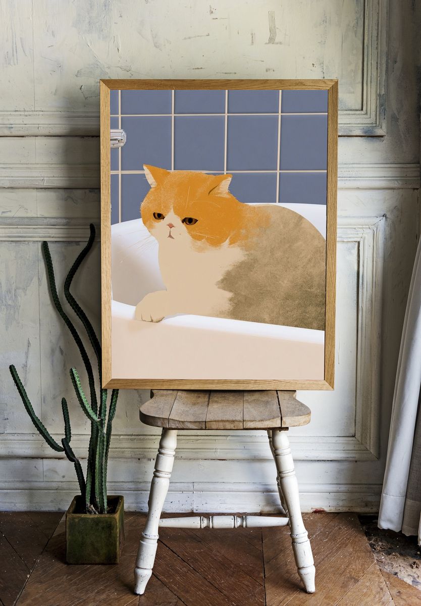 Cat in Bathtub Illustration Poster. — room view 1