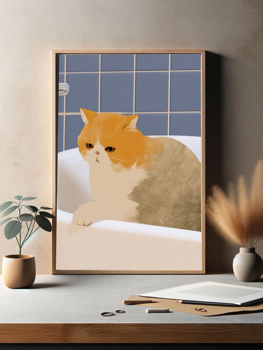 Cat in Bathtub Illustration Poster. — room view 2