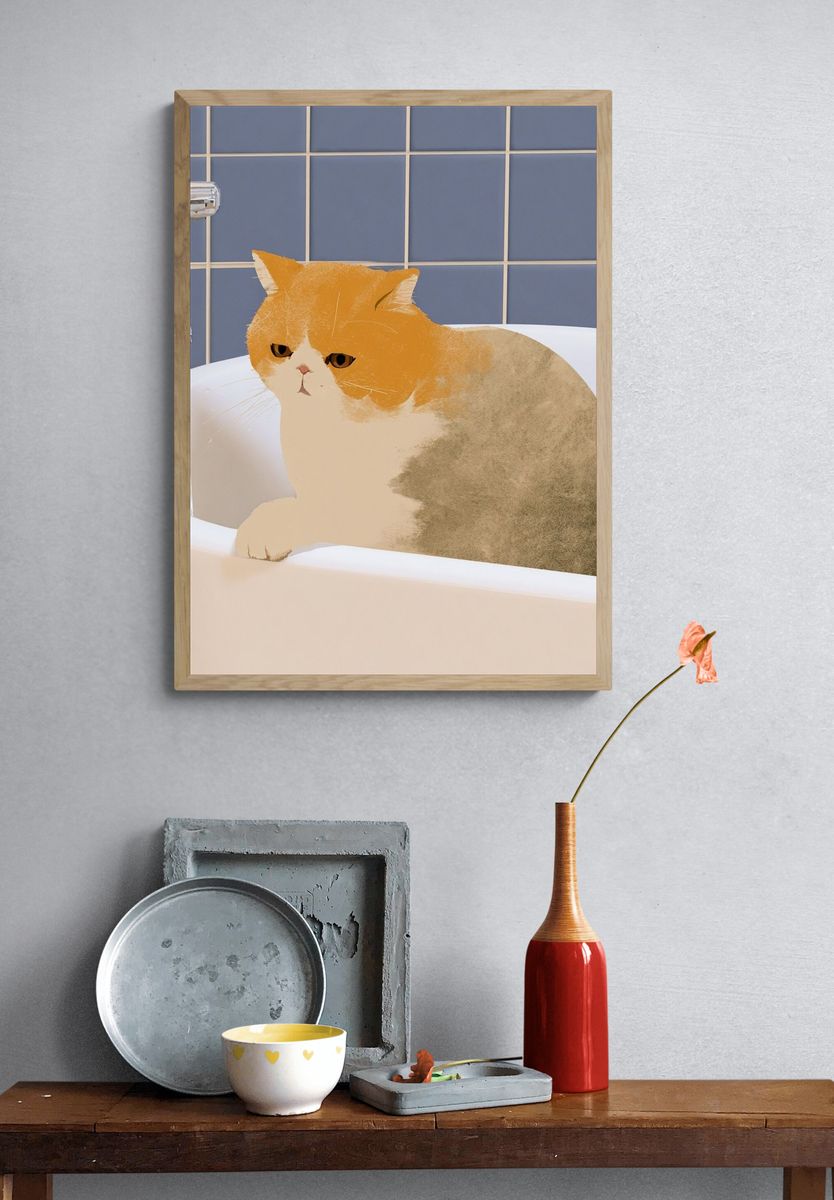 Cat in Bathtub Illustration Poster. — room view 3