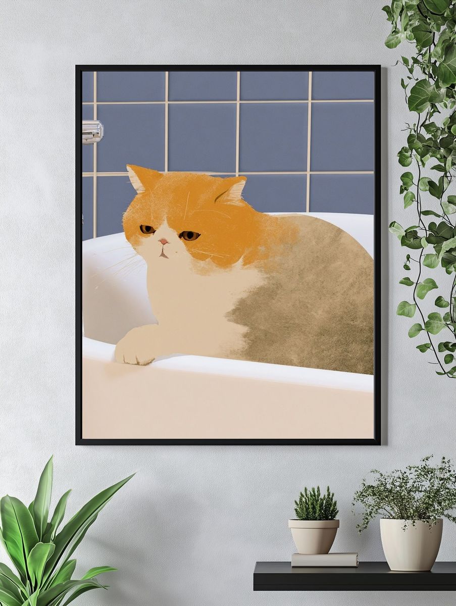 Cat in Bathtub Illustration Poster. — room view 4