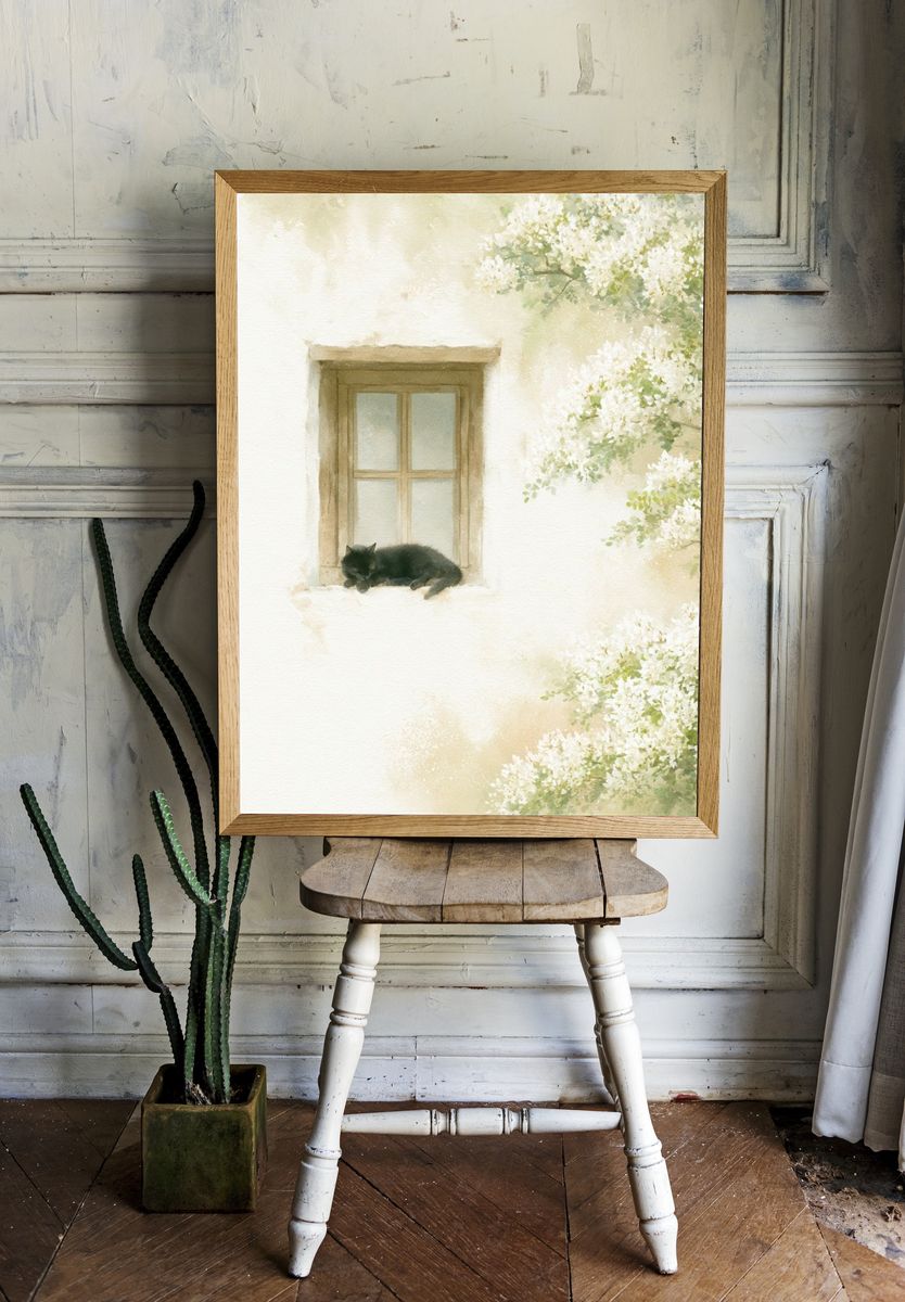 Sleeping Cat Window Watercolor Poster. — room view 1