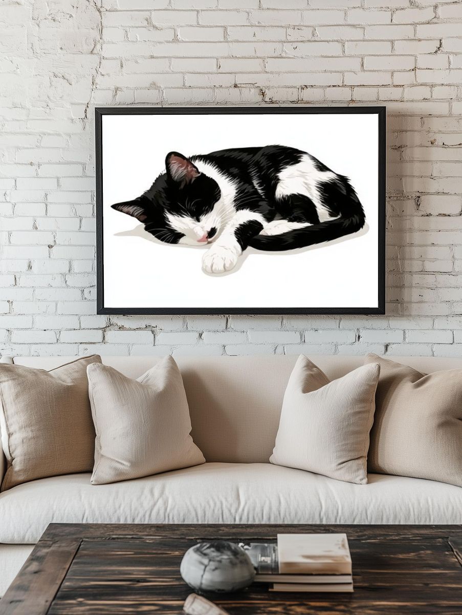Sleeping Tuxedo Cat Illustration Poster. — room view 1