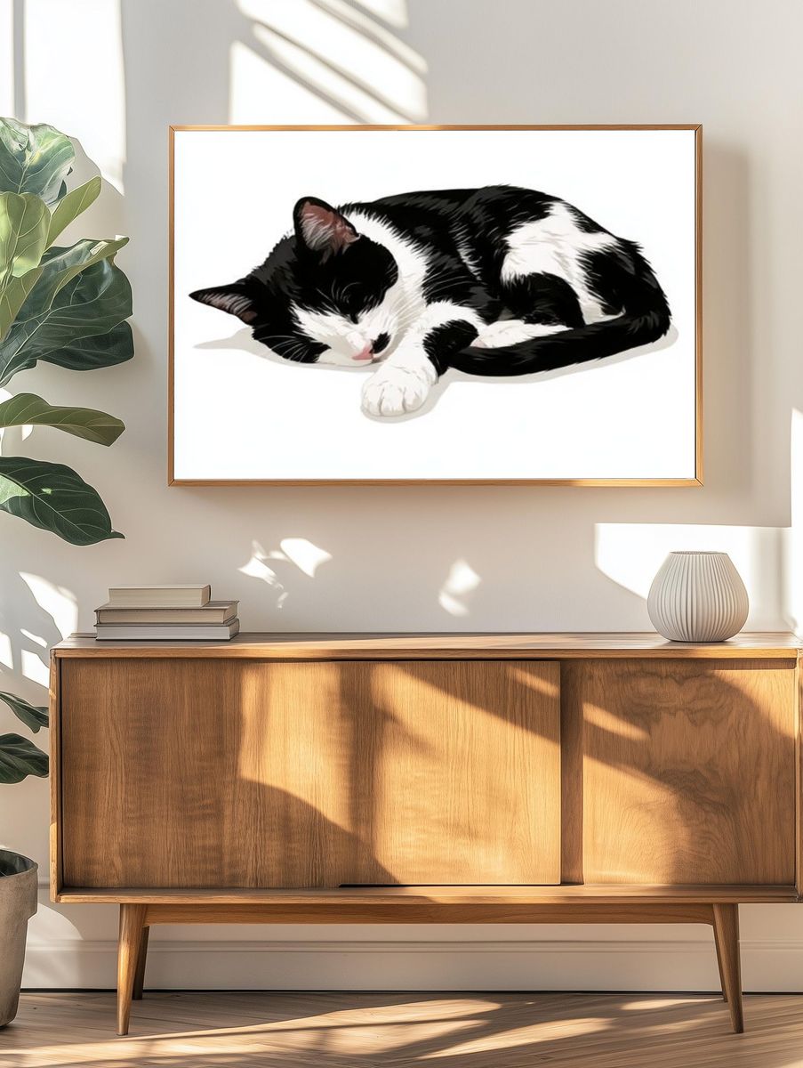 Sleeping Tuxedo Cat Illustration Poster. — room view 3