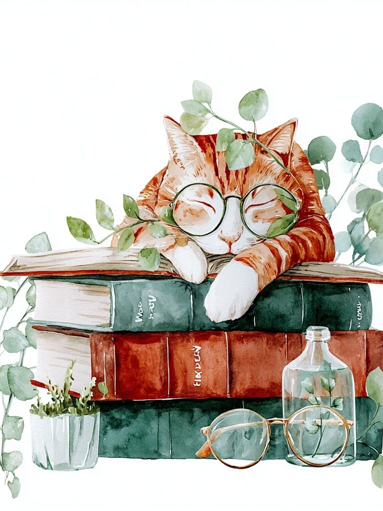 Sleeping Cat on Books — Watercolor Print. poster detail