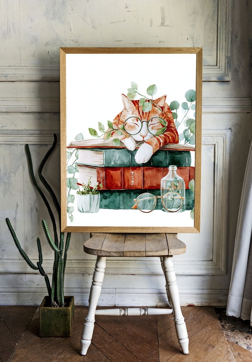 Sleeping Cat on Books — Watercolor Print. room preview