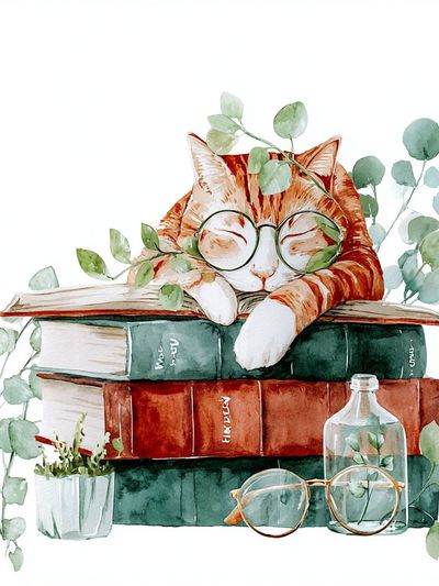 Sleeping Cat on Books — Watercolor Print. poster print