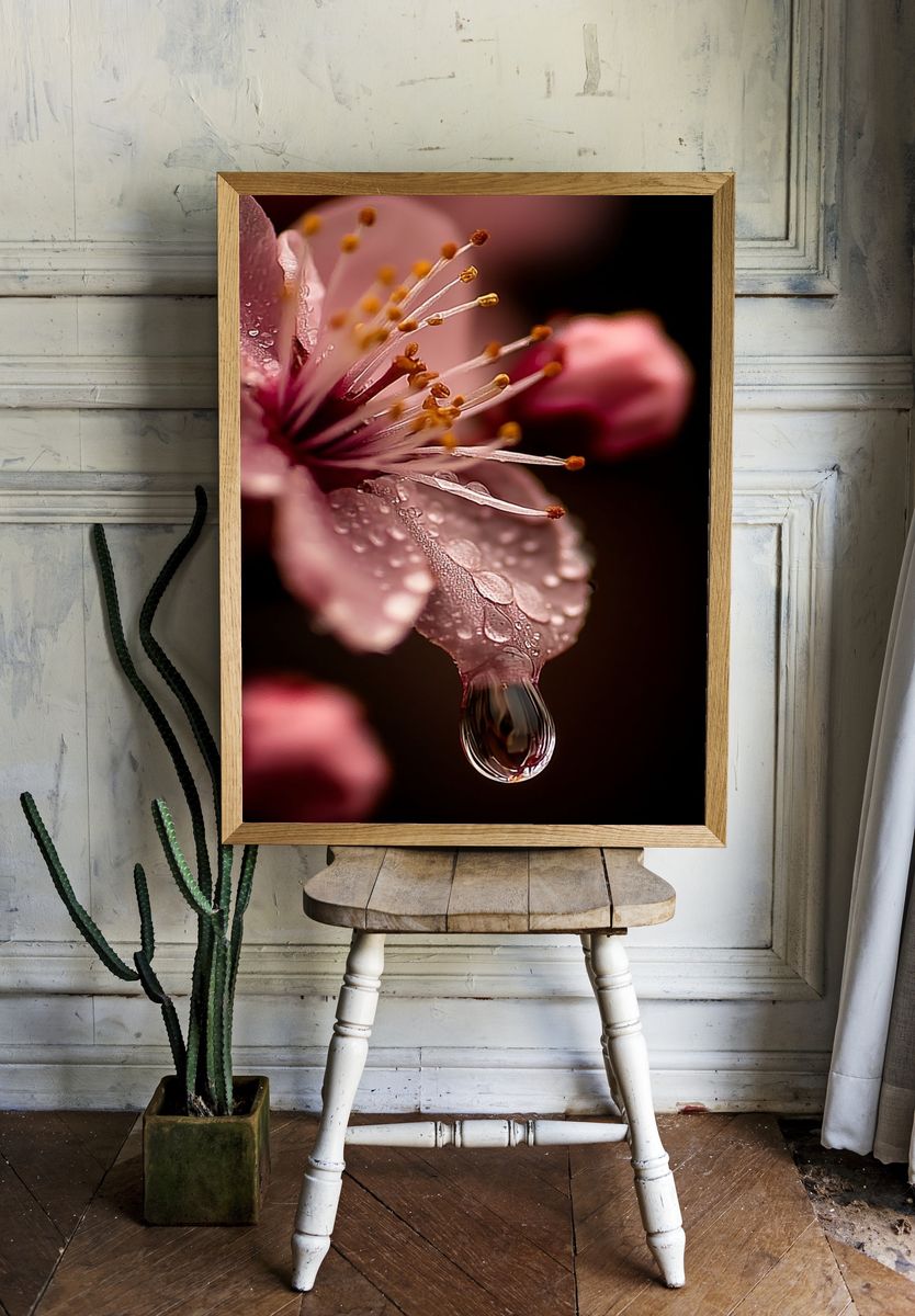 Cherry Blossom Dew Macro Print. room preview