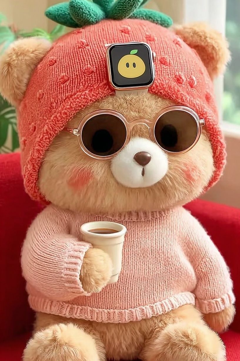 Cute Bear in Strawberry Hat — Illustration Print. poster detail