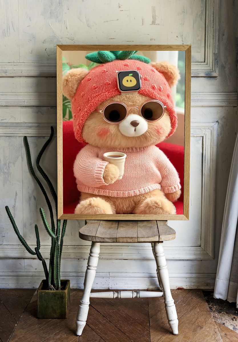Cute Bear in Strawberry Hat — Illustration Print. room preview