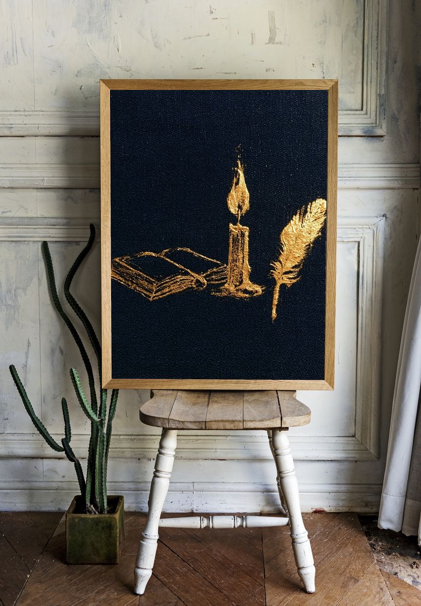 Candle, Book and Feather Typography Print. room preview