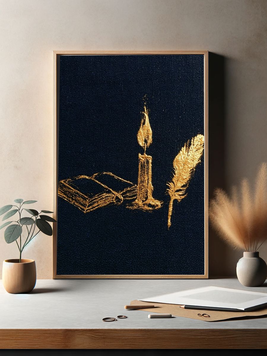 Candle, Book and Feather Typography Print. — room view 2