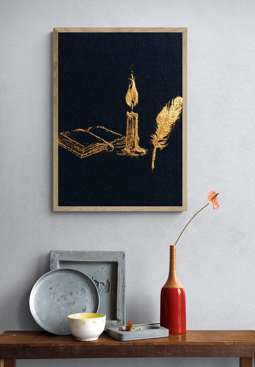 Candle, Book and Feather Typography Print. — room view 3