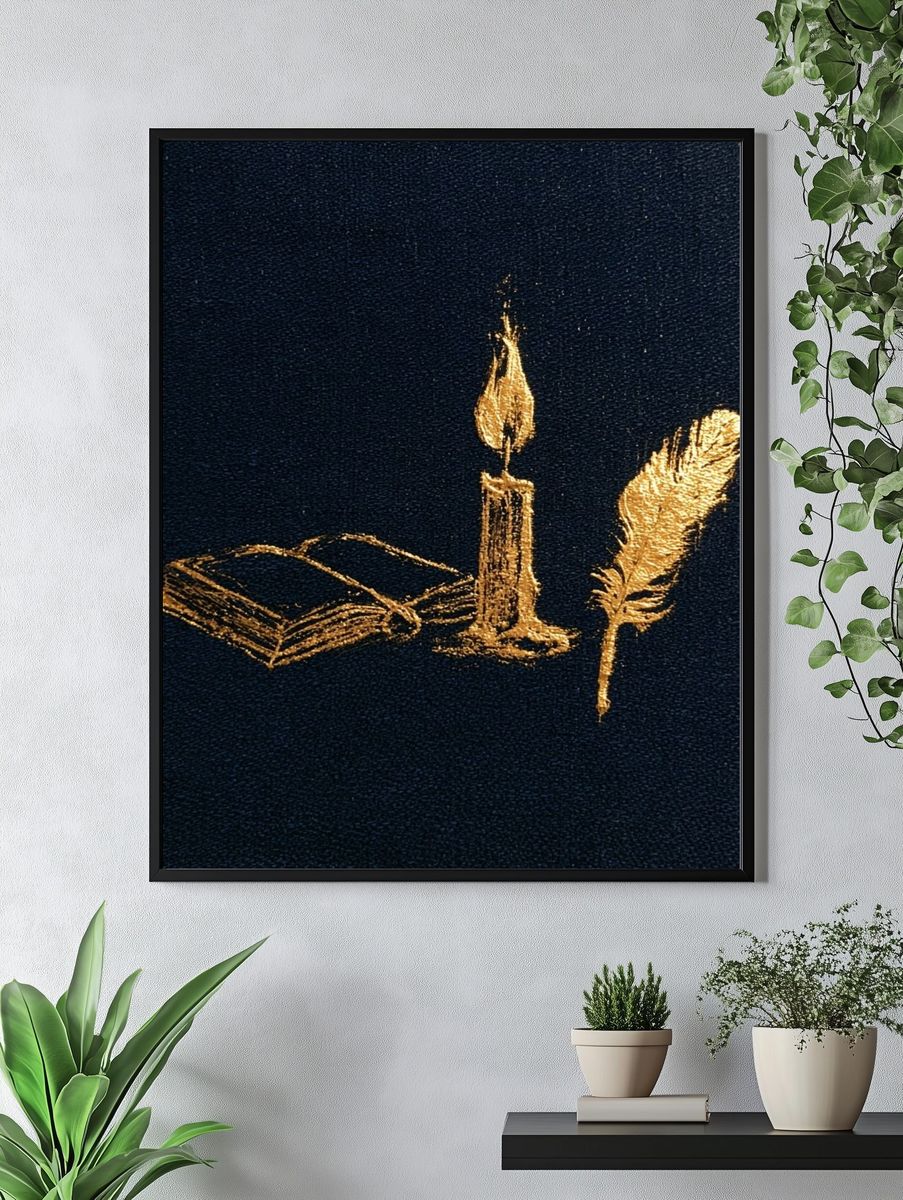 Candle, Book and Feather Typography Print. — room view 4