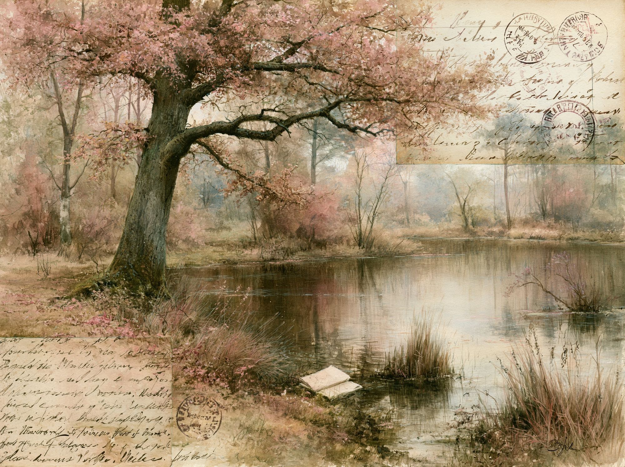 Cherry Blossom Pond Vintage Print. poster — botanical art