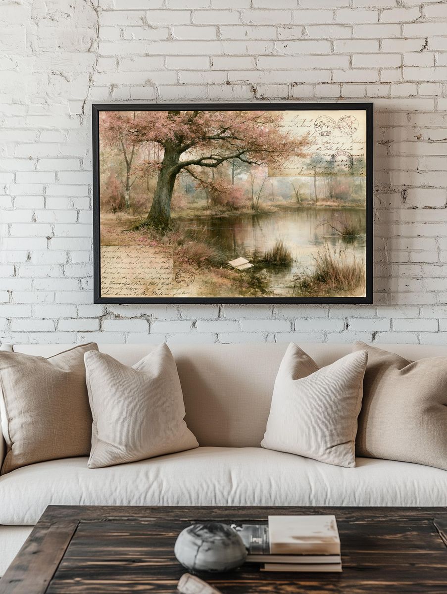 Cherry Blossom Pond Vintage Print. room preview