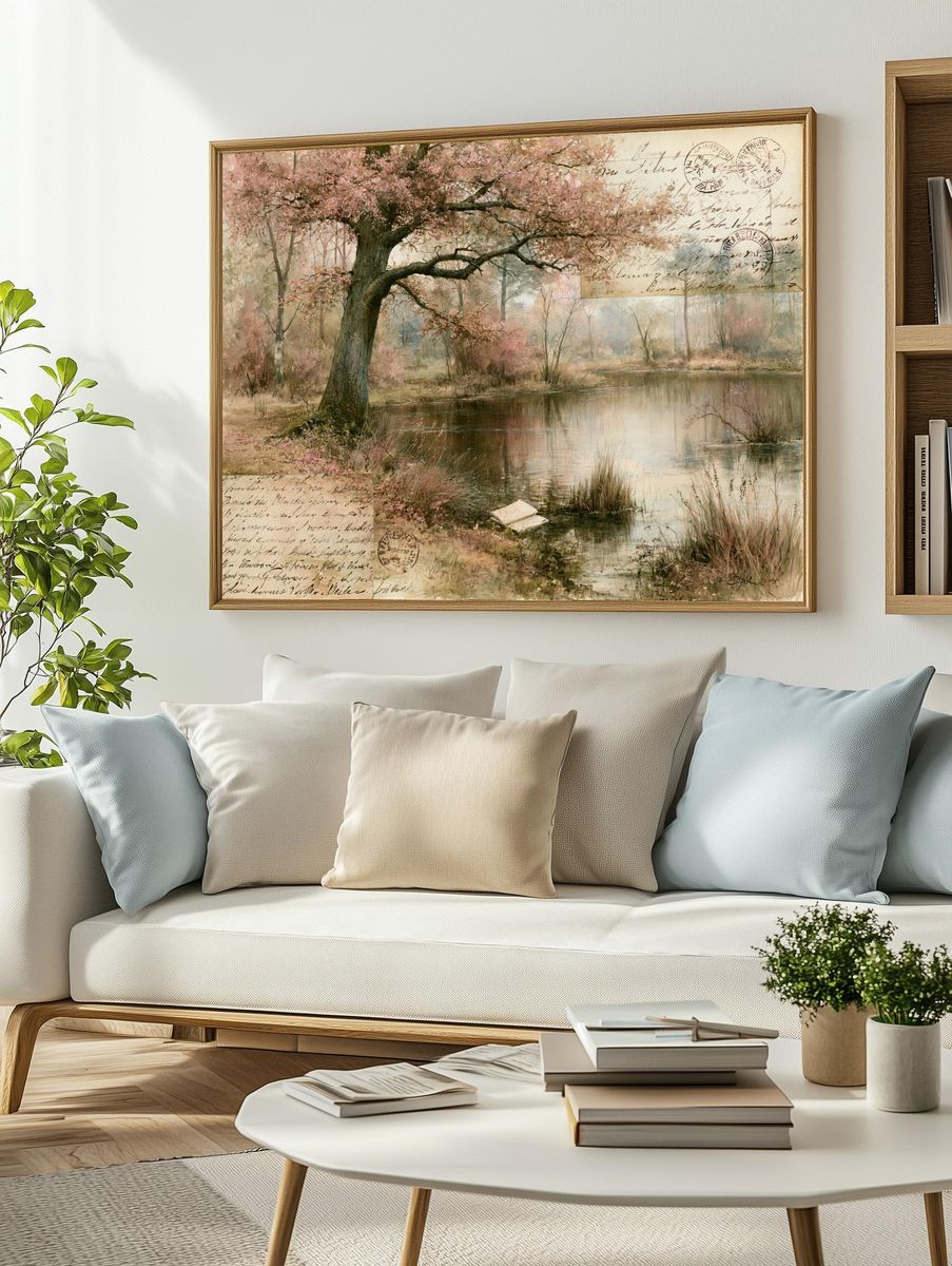 Cherry Blossom Pond Vintage Print. — room view 2