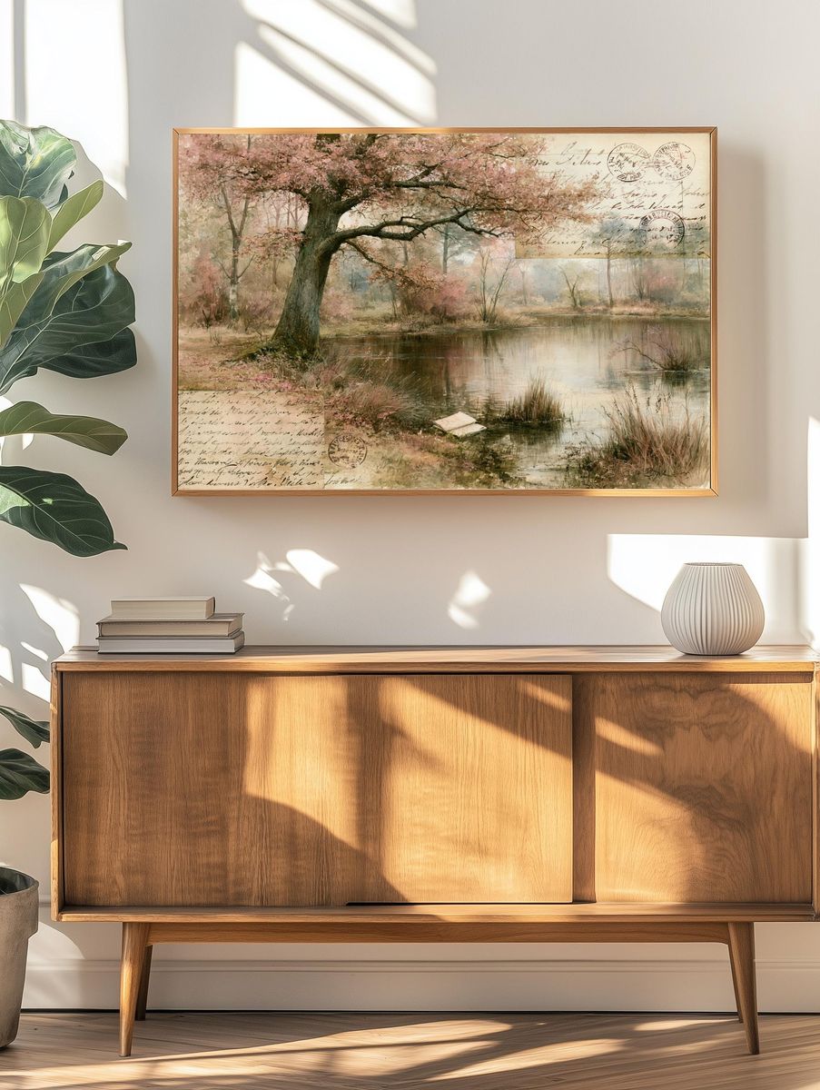 Cherry Blossom Pond Vintage Print. — room view 3