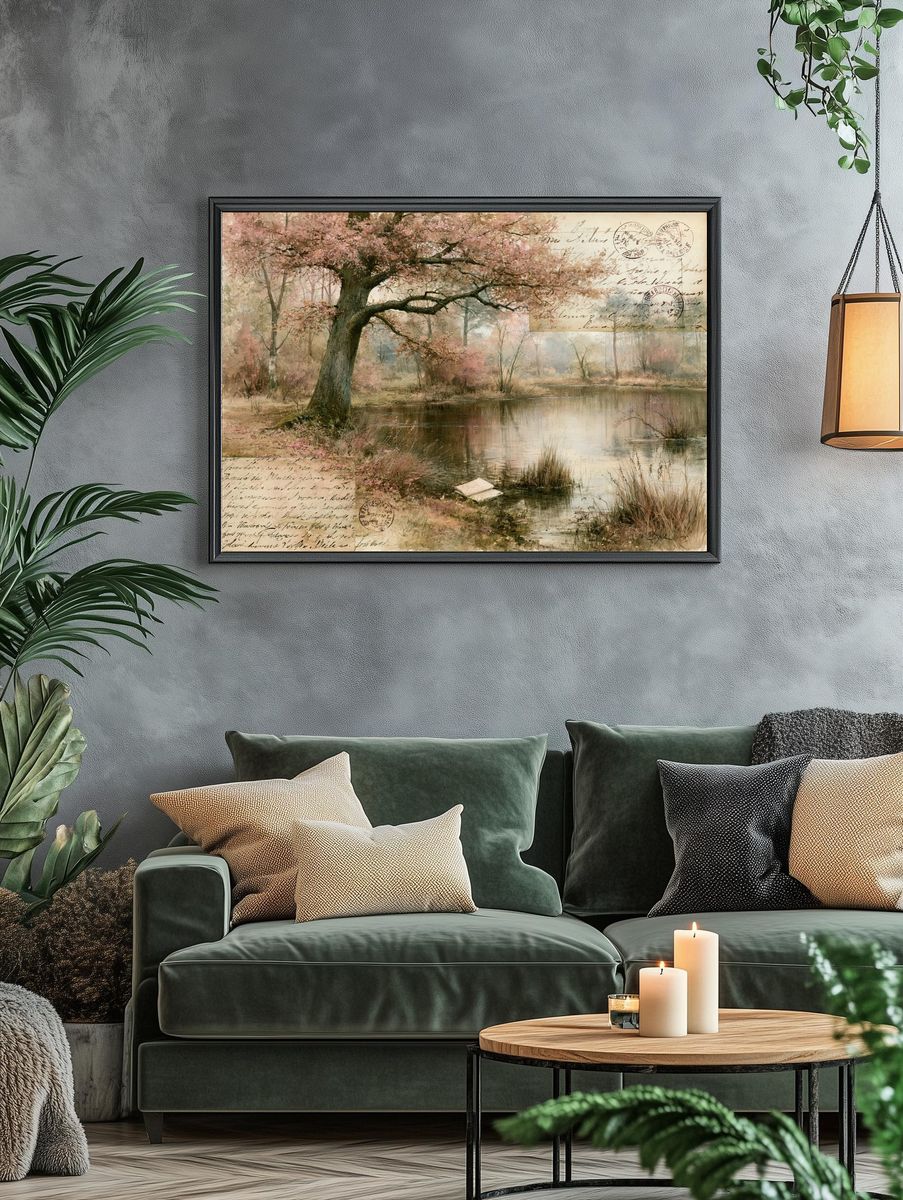 Cherry Blossom Pond Vintage Print. — room view 4