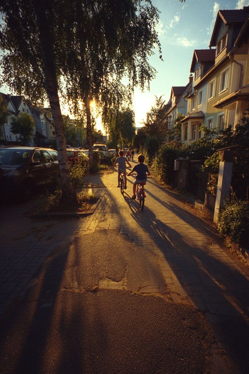 Children Riding Bikes at Sunset Poster. poster detail