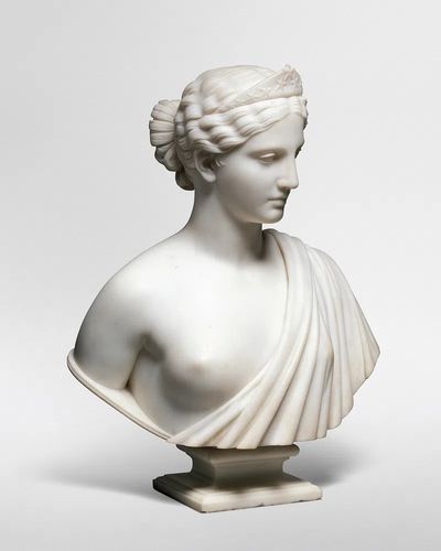 Nude woman sculpture showing America. poster