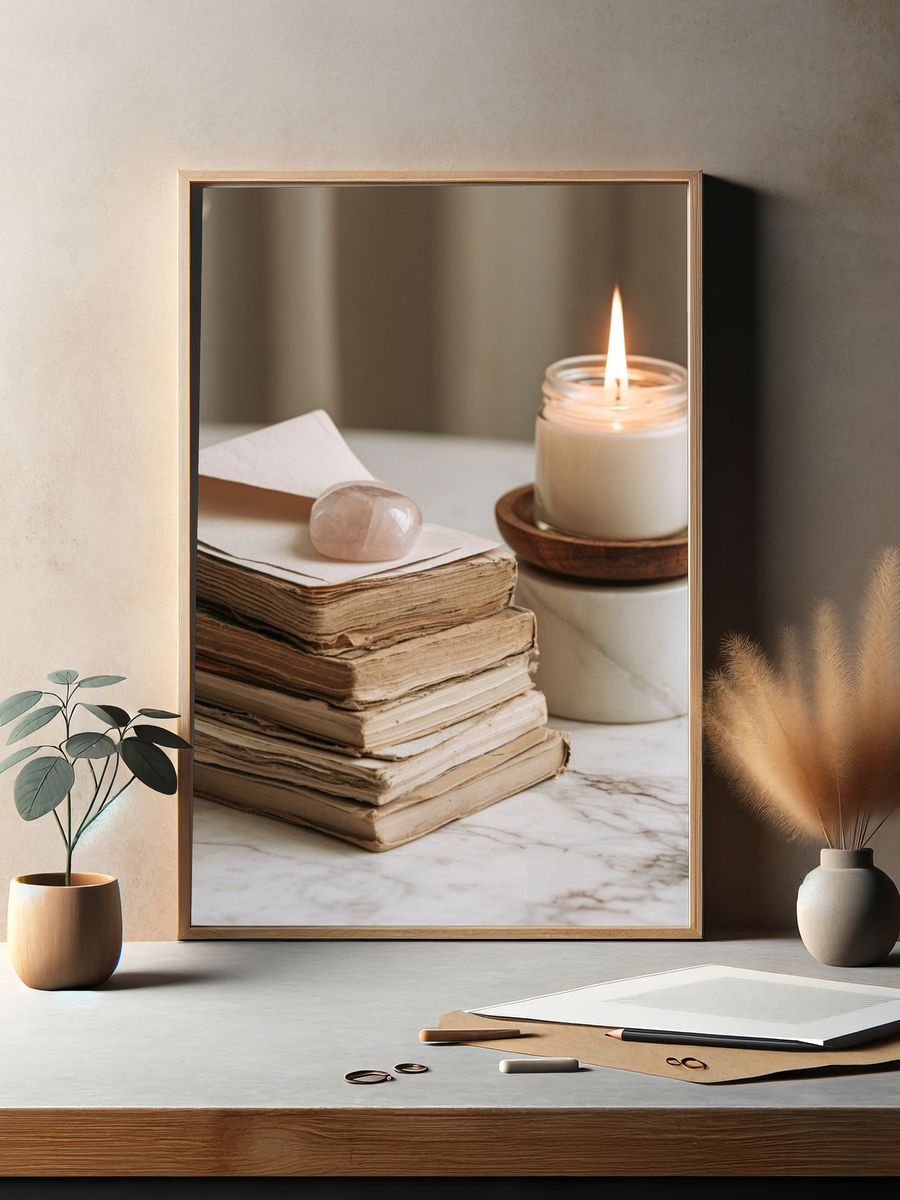 Candle and Books Still Life Print. — room view 2