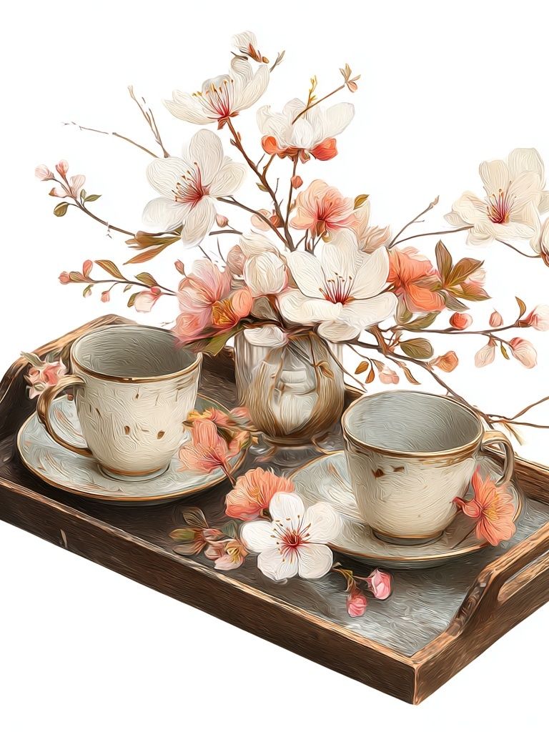 Cherry Blossom Tea Tray Illustration Print. poster detail