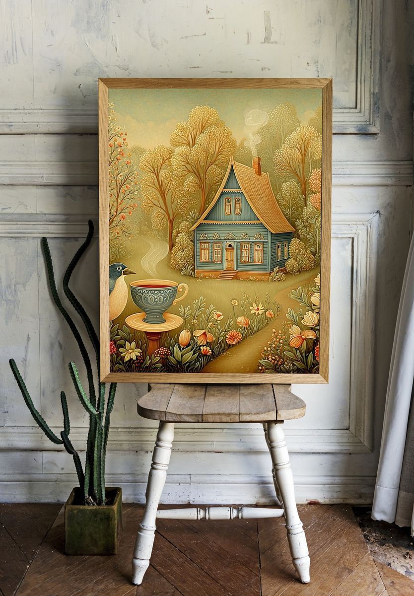 Cozy Cottage in Autumn — Illustration Print. room preview