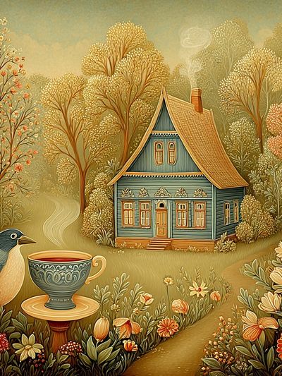 Cozy Cottage in Autumn — Illustration Print. poster