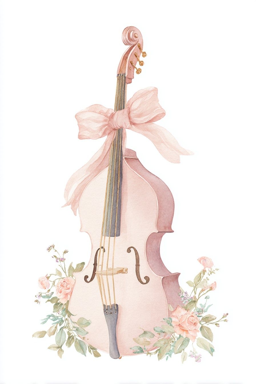 Pink Cello with Flowers — Watercolor Print. poster detail