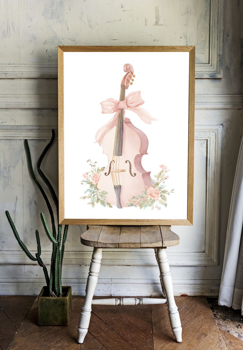 Pink Cello with Flowers — Watercolor Print room preview