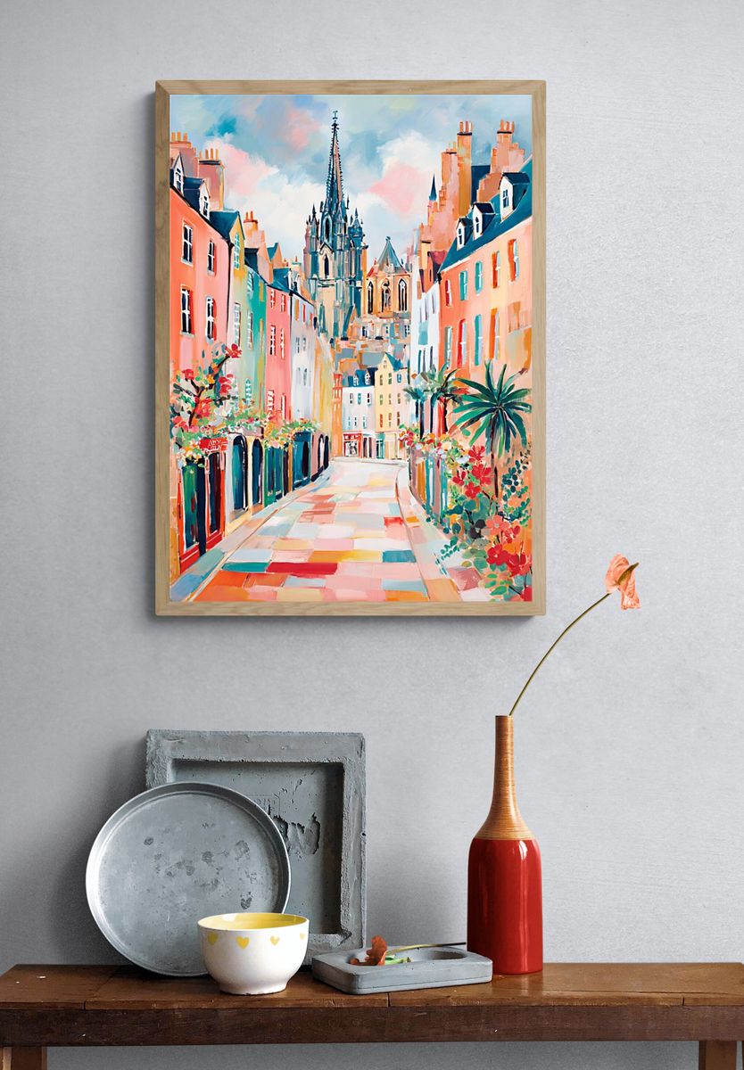 Charming European Street — Colorful Print. — room view 3