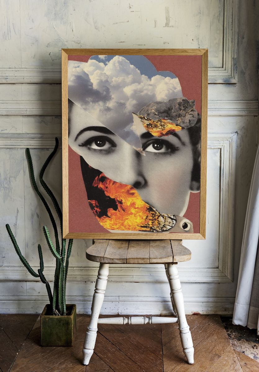 Surreal Face with Flames — Collage Print room preview