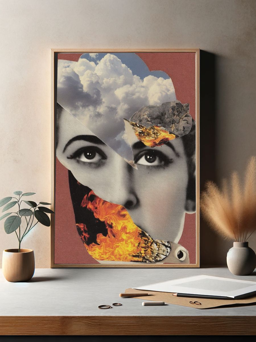 Surreal Face with Flames — Collage Print. — room view 2