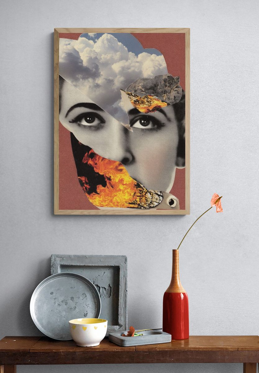 Surreal Face with Flames — Collage Print. — room view 3