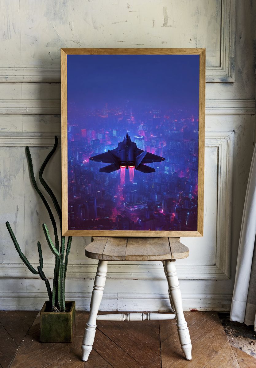 Neon Fighter Jet Cityscape Poster room preview